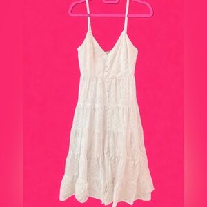 Aqua White Tiered Eyelet Cotton Midi Dress